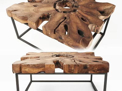 Natural Wooden Dining Table With Unique Tree Stump Design And Metal Legs 3d model