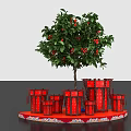 Red Lanterns With Orange Tree And Red Fruits On Decorative Platform 3d model
