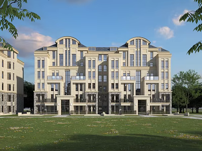 Modern Multi Story Townhouse Exterior Featuring Large Windows Lawn And Trees 3d model