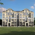Modern Multi Story Townhouse Exterior Featuring Large Windows Lawn And Trees