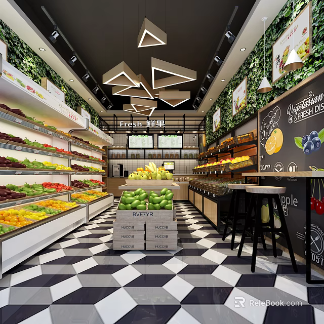 Modern Fruit Store Interior with Fresh Fruits Display on Shelves Checkerboard Floor and Blackboard Menu 3d model 