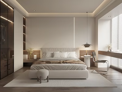 Modern Bedroom Interior With Large Bed Bedside Tables Vase Pendant Lamp And Desk 3d model