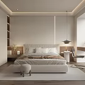 Modern Bedroom Interior With Large Bed Bedside Tables Vase Pendant Lamp And Desk