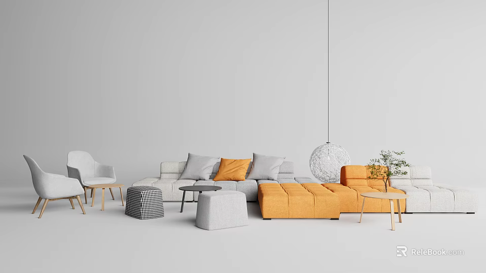 Modern Living Room Sofa And Coffee Table Set With Orange Accents 3d model