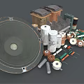Assorted Electronic Components Collection With Speaker Capacitors Coils Resistors And Transformers