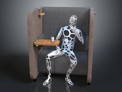 Public Chair With Gray Fabric Side Table Cup And Silver Human Figure 3d model