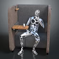 Public Chair With Gray Fabric Side Table Cup And Silver Human Figure