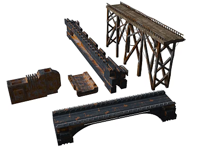 Rusted Metal Construction Components Including Bridge Trusses And Support Beams 3d model