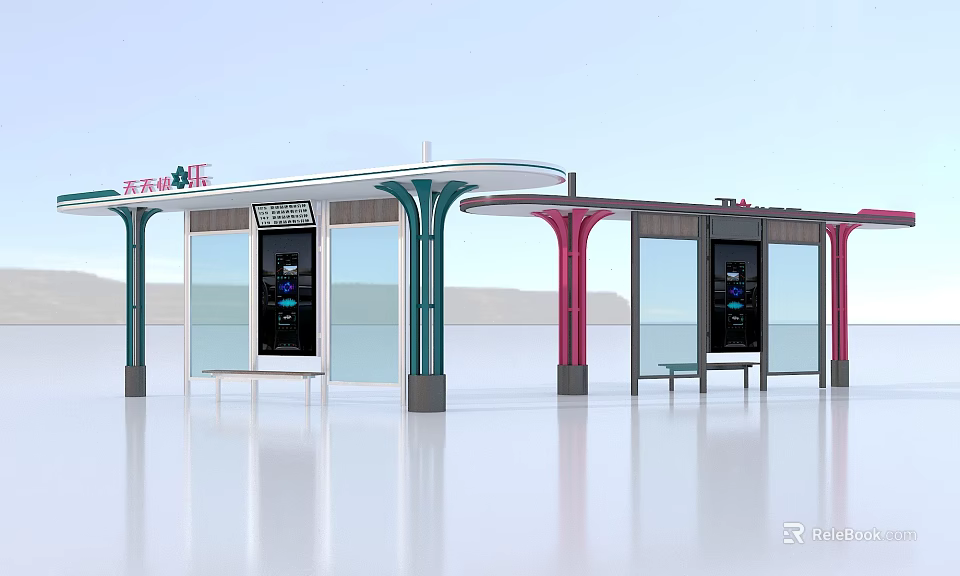 Modern Bus Stop Transportation Sign With Green Pink Pillars Glass Walls And Digital Screens 3d model 