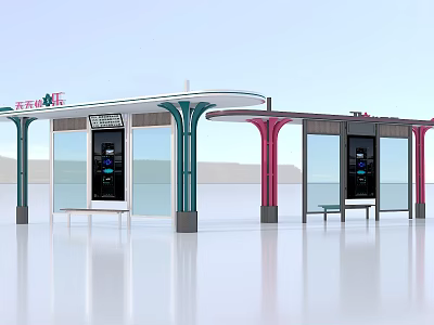 Modern Bus Stop Transportation Sign With Green Pink Pillars Glass Walls And Digital Screens 3d model