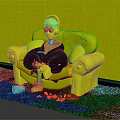 Character With Headphones Glasses Sitting On Blue Sofa Holding Book Red Cushions Red Petals
