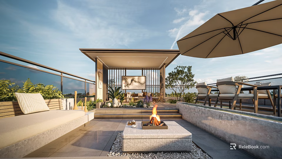 Modern Rooftop Garden with Gazebo Fire Pit Outdoor Furniture Umbrella and Green Plants 3d model 