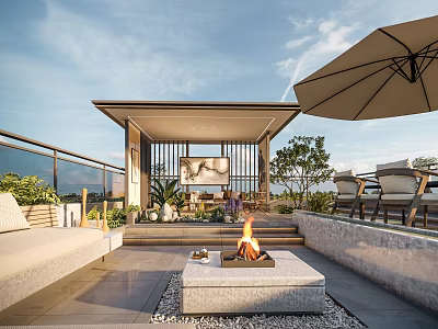 Modern Rooftop Garden with Gazebo Fire Pit Outdoor Furniture Umbrella and Green Plants 3d model
