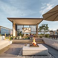 Modern Rooftop Garden with Gazebo Fire Pit Outdoor Furniture Umbrella and Green Plants