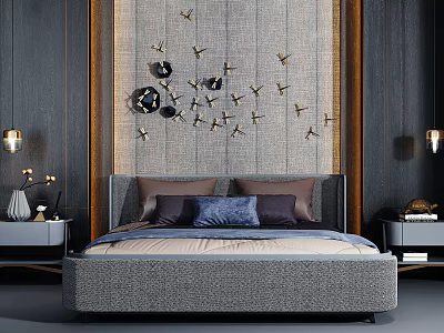 Double Bed with Textured Gray Wall Black Gold Butterfly Decorations Purple Blue Pillows and Bedside Lamps 3d model