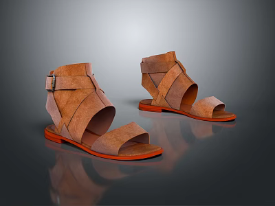 Brown Leather Open Toe Sandals With Strappy Design And Flat Sole 3d model