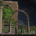 Garden Landscape Featuring Arched Pergolas Covered In Vines Decorative Columns And Colorful Flowers