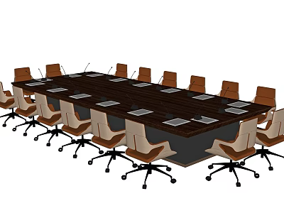 Large Dark Wooden Conference Table With Tan Rolling Chairs And Notebooks 3d model