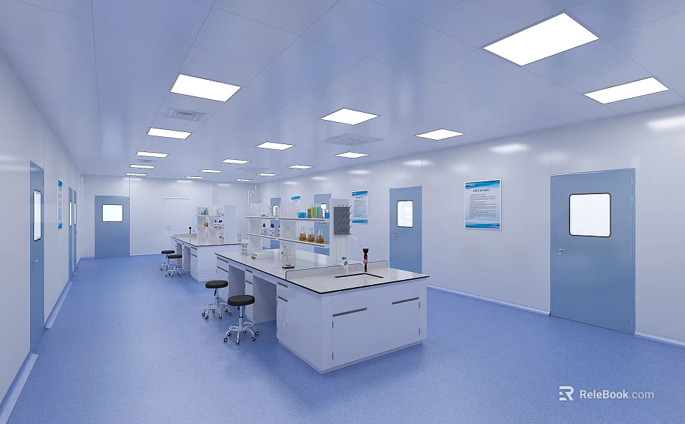 Modern Clean Laboratory With White Lab Benches Blue Flooring And Ceiling Lights 3d model 