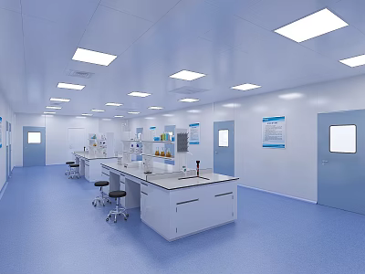 Modern Clean Laboratory With White Lab Benches Blue Flooring And Ceiling Lights 3d model