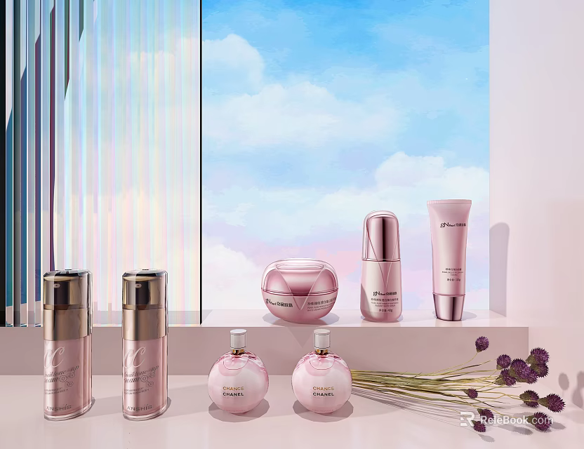 Elegant Pink Perfume and Cosmetics Bottles Jars with Purple Flowers on Blue Sky Background 3d model 