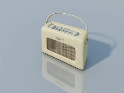 Cream Colored Vintage Grundig Radio With Handle On Light Blue Background And Reflection 3d model