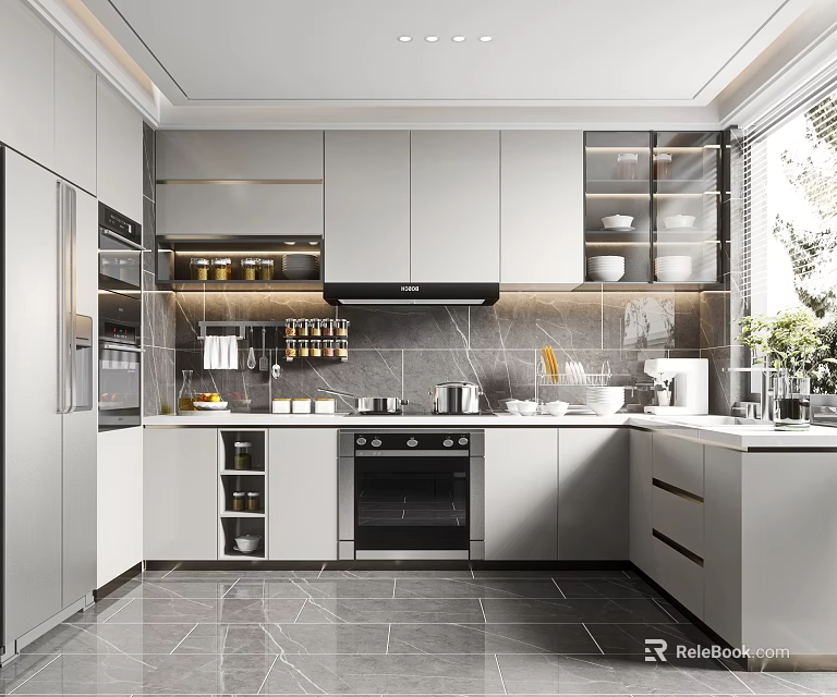 Modern Kitchen Interior With Gray Cabinets Marble Countertop Glass Door Cabinets And Appliances 3d model 