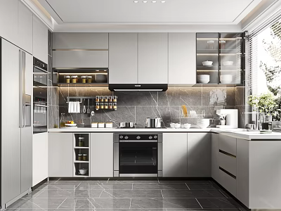 Modern Kitchen Interior With Gray Cabinets Marble Countertop Glass Door Cabinets And Appliances 3d model