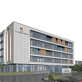 Modern Office Building With Glass Curtain Walls White Exterior Wooden Accents And Landscaped Garden