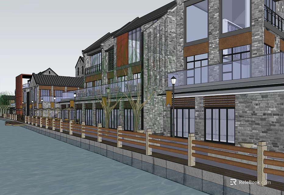 Multi Story Waterfront Commercial Street with Stone Glass Buildings Balconies Wooden Railing and Street Lamps 3d model 