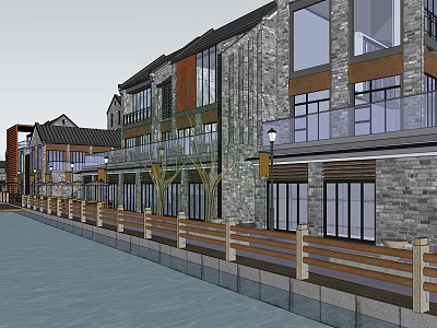 Multi Story Waterfront Commercial Street with Stone Glass Buildings Balconies Wooden Railing and Street Lamps 3d model