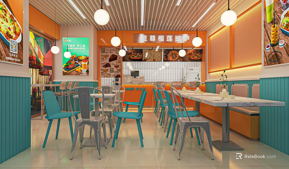 Modern Restaurant Interior With Orange Blue Decor Hanging Lights Menu Board Tables And Chairs 3d model 