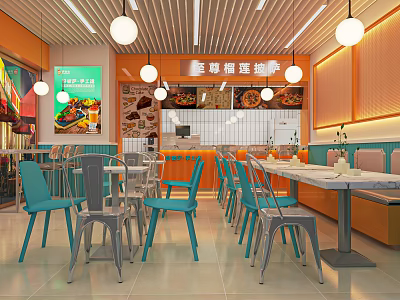 Modern Restaurant Interior With Orange Blue Decor Hanging Lights Menu Board Tables And Chairs 3d model
