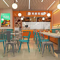 Modern Restaurant Interior With Orange Blue Decor Hanging Lights Menu Board Tables And Chairs