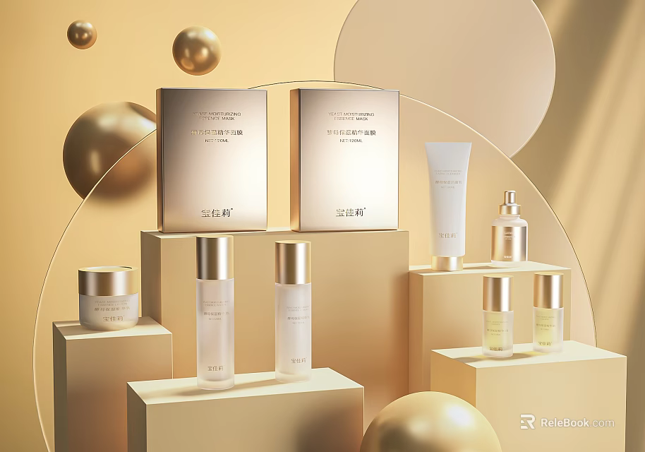 Elegant Golden Perfume Cosmetics Display With Premium Packaging Boxes And Bottles On Stands 3d model 