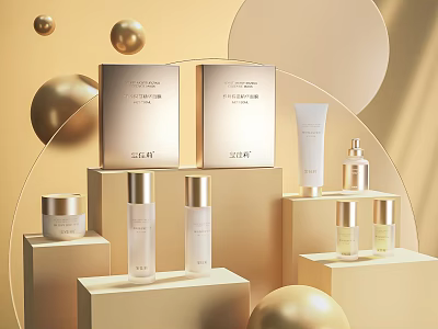 Elegant Golden Perfume Cosmetics Display With Premium Packaging Boxes And Bottles On Stands 3d model