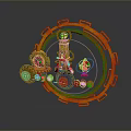 Ornate Orange And Gold Mechanical Artwork With Circular Frame Gears Tower And Lantern