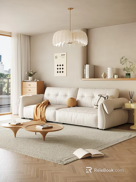 Bright Living Room With White Sofa Beige Walls Wooden Coffee Table And Floor to Ceiling Windows 3d model 