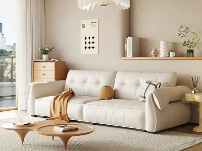 Bright Living Room With White Sofa Beige Walls Wooden Coffee Table And Floor to Ceiling Windows 3d model