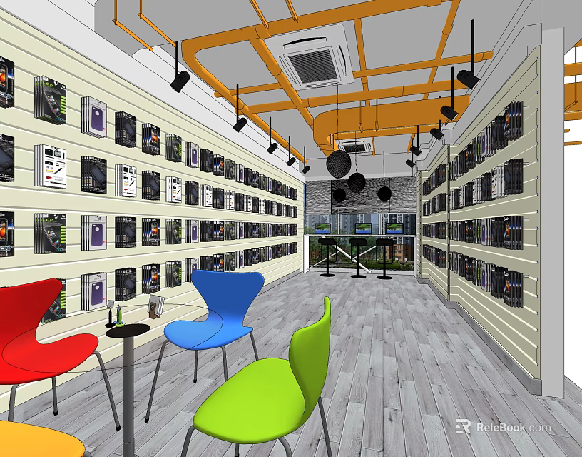 Digital Store Interior With Electronics Display Shelves Colorful Chairs Modern Lighting Open Layout 3d model 