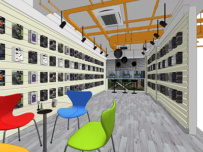 Digital Store Interior With Electronics Display Shelves Colorful Chairs Modern Lighting Open Layout 3d model