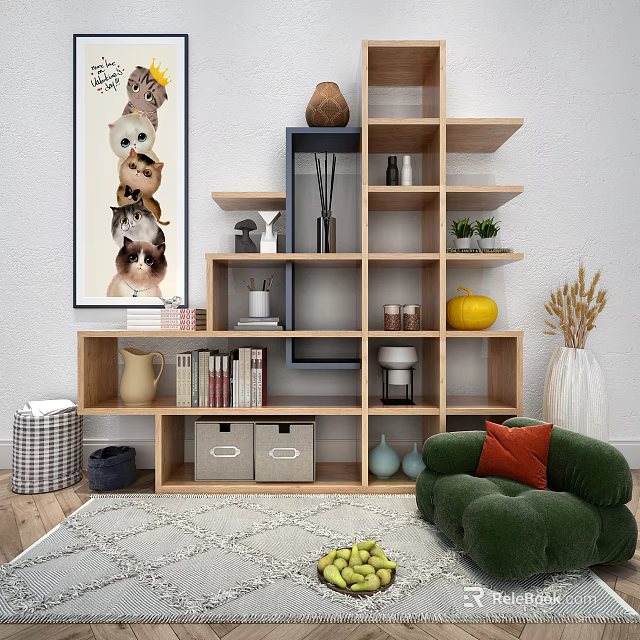 Modern Wooden Bookshelf with Books Decorative Items Storage Boxes and Minimalist Design in Living Room 3d model 