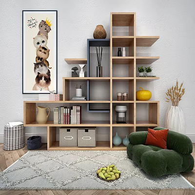Modern Wooden Bookshelf with Books Decorative Items Storage Boxes and Minimalist Design in Living Room 3d model