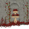 Ornate Stone Flower Planters With Red Roses And Vines In Garden Setting