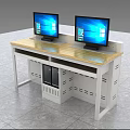 Computer Desk with Two Monitors Wooden Tabletop White Frame and Storage Cabinets 3d model