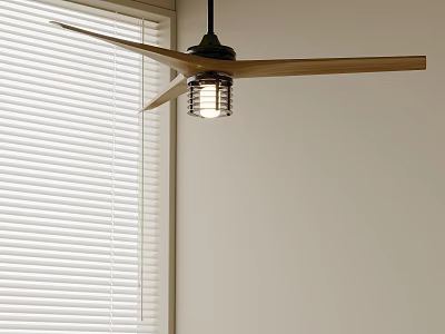 Modern Ceiling Fan Light With Wooden Blades And Window Blinds Near White Wall 3d model