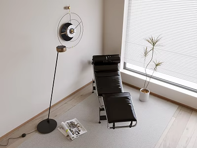 Modern Black Leather Lounge Chair in Minimalist Interior with Floor Fan Magazine and Potted Plant 3d model