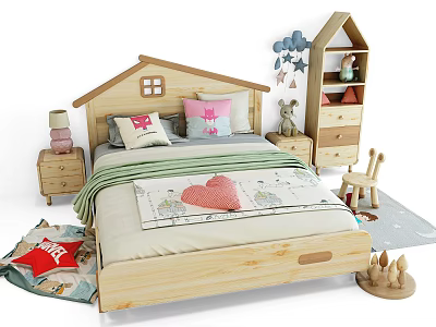 Wooden House Shaped Kids Bed With Bookshelf Toys Cloud Star Decorations And Rug 3d model