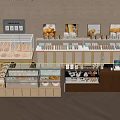 Bakery Storage Shelves with Glass Display Cases Pastry Goods and Decorative Paintings