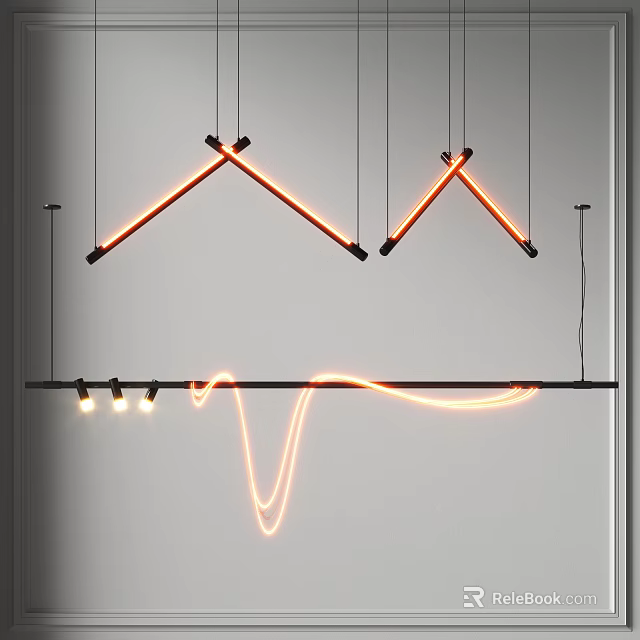 Modern Multiple Hanging Pendant Light Design With Orange Neon Curves And Geometric Triangle Shapes 3d model 